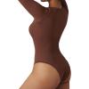 imageSUUKSESS Women Ribbed Seamless Long Sleeve Bodysuit Square Scoop Notch Neck BodysuitNotch Brown