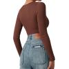 imageSUUKSESS Women Ribbed Seamless Long Sleeve Bodysuit Square Scoop Notch Neck BodysuitNotch Brown