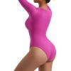 imageSUUKSESS Women Ribbed Seamless Long Sleeve Bodysuit Square Scoop Notch Neck BodysuitNotch Hot Pink