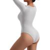 imageSUUKSESS Women Ribbed Seamless Long Sleeve Bodysuit Square Scoop Notch Neck BodysuitNotch Light Grey
