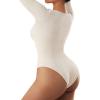 imageSUUKSESS Women Ribbed Seamless Long Sleeve Bodysuit Square Scoop Notch Neck BodysuitScoop Beige