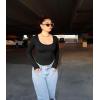 imageSUUKSESS Women Ribbed Seamless Long Sleeve Bodysuit Square Scoop Notch Neck BodysuitScoop Black
