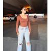 imageSUUKSESS Women Ribbed Seamless Long Sleeve Bodysuit Square Scoop Notch Neck BodysuitScoop Brown