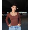 imageSUUKSESS Women Ribbed Seamless Long Sleeve Bodysuit Square Scoop Notch Neck BodysuitScoop Brown