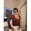 imageSUUKSESS Women Ribbed Seamless Long Sleeve Bodysuit Square Scoop Notch Neck BodysuitScoop Brown