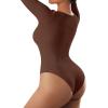 imageSUUKSESS Women Ribbed Seamless Long Sleeve Bodysuit Square Scoop Notch Neck BodysuitScoop Brown