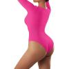 imageSUUKSESS Women Ribbed Seamless Long Sleeve Bodysuit Square Scoop Notch Neck BodysuitScoop Hot Pink