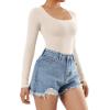 imageSUUKSESS Women Ribbed Seamless Long Sleeve Bodysuit Square Scoop Notch Neck BodysuitSquare Beige