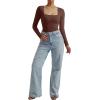 imageSUUKSESS Women Ribbed Seamless Long Sleeve Bodysuit Square Scoop Notch Neck BodysuitSquare Brown