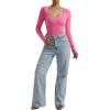 imageSUUKSESS Women Ribbed Seamless Long Sleeve Bodysuit Square Scoop Notch Neck BodysuitSquare Hot Pink