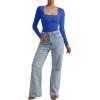 imageSUUKSESS Women Ribbed Seamless Long Sleeve Bodysuit Square Scoop Notch Neck BodysuitSquare Royal Blue