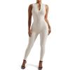 imageSUUKSESS Women Ribbed Seamless One Piece Jumpsuits Zip Up Sexy Bodycon Romper1 Beige