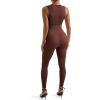 imageSUUKSESS Women Ribbed Seamless One Piece Jumpsuits Zip Up Sexy Bodycon Romper1 Brown