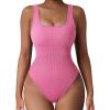 imageSUUKSESS Women Ribbed Sexy Bodysuit Sleeveless Square Neck Padded Tank Top1 Black Hotpink