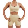 imageSUUKSESS Women Seamless Ribbed Workout Set Backless Sports Bra Booty Biker ShortBeige