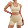 imageSUUKSESS Women Seamless Ribbed Workout Set Backless Sports Bra Booty Biker ShortBeige