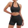 imageSUUKSESS Women Seamless Ribbed Workout Set Backless Sports Bra Booty Biker ShortBlack
