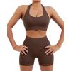 imageSUUKSESS Women Seamless Ribbed Workout Set Backless Sports Bra Booty Biker ShortDark Brown