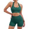 imageSUUKSESS Women Seamless Ribbed Workout Set Backless Sports Bra Booty Biker ShortDark Green