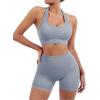 imageSUUKSESS Women Seamless Ribbed Workout Set Backless Sports Bra Booty Biker ShortGrey