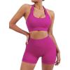 imageSUUKSESS Women Seamless Ribbed Workout Set Backless Sports Bra Booty Biker ShortHot Pink
