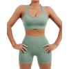 imageSUUKSESS Women Seamless Ribbed Workout Set Backless Sports Bra Booty Biker ShortLight Green