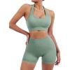 imageSUUKSESS Women Seamless Ribbed Workout Set Backless Sports Bra Booty Biker ShortLight Green