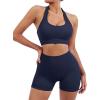 imageSUUKSESS Women Seamless Ribbed Workout Set Backless Sports Bra Booty Biker ShortNavy Blue
