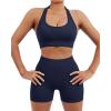 imageSUUKSESS Women Seamless Ribbed Workout Set Backless Sports Bra Booty Biker ShortNavy Blue