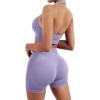 imageSUUKSESS Women Seamless Ribbed Workout Set Backless Sports Bra Booty Biker ShortPurple