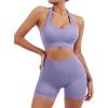 imageSUUKSESS Women Seamless Ribbed Workout Set Backless Sports Bra Booty Biker ShortPurple