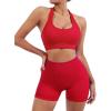 imageSUUKSESS Women Seamless Ribbed Workout Set Backless Sports Bra Booty Biker ShortRed