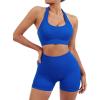 imageSUUKSESS Women Seamless Ribbed Workout Set Backless Sports Bra Booty Biker ShortRoyal Blue