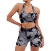 imageSUUKSESS Women Seamless Ribbed Workout Set Backless Sports Bra Booty Biker ShortTie Dye Black