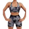 imageSUUKSESS Women Seamless Ribbed Workout Set Backless Sports Bra Booty Biker ShortTie Dye Black