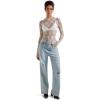 imageSUUKSESS Women Sexy Mesh Sheer Long Sleeve Tops Mock Neck Going Out Lace ShirtsWhite