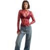 imageSUUKSESS Women Sexy Mesh Sheer Long Sleeve Tops Mock Neck Going Out Lace ShirtsWine Red