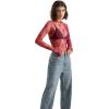 imageSUUKSESS Women Sexy Mesh Sheer Long Sleeve Tops Mock Neck Going Out Lace ShirtsWine Red