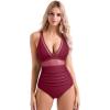imageSUUKSESS Women Sexy Mesh Tummy Control Swimsuit Push Up High Waisted Bathing Suit10 Wine Red