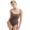 imageSUUKSESS Women Square Neck Lace Bodysuit Sleeveless Spaghetti Strap Tank TopBrown
