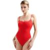 imageSUUKSESS Women Square Neck Lace Bodysuit Sleeveless Spaghetti Strap Tank TopRed