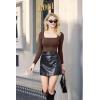 imageSUUKSESS Women Square Neck Long Sleeve Bodysuit Sexy Thong Bodysuit Shirts01 Dark Brown