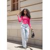 imageSUUKSESS Women Square Neck Long Sleeve Bodysuit Sexy Thong Bodysuit ShirtsHot Pink