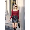 imageSUUKSESS Women Square Neck Long Sleeve Bodysuit Sexy Thong Bodysuit ShirtsWine Red