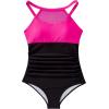 imageSUUKSESS Women Tummy Control One Piece Swimsuit Sexy Mesh High Neck Bathing Suit58 Hot Pink Black
