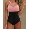imageSUUKSESS Women Tummy Control One Piece Swimsuit Sexy Mesh High Neck Bathing Suit58 Pink Black