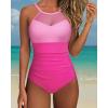 imageSUUKSESS Women Tummy Control One Piece Swimsuit Sexy Mesh High Neck Bathing Suit58 Pink Color Block