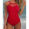 imageSUUKSESS Women Tummy Control One Piece Swimsuit Sexy Mesh High Neck Bathing Suit58 Red