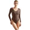 imageSUUKSESS Women V Neck Double Lined Bodysuit Sexy Long Sleeve Thong Bodysuit Shirts01 Brown