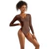imageSUUKSESS Women V Neck Double Lined Bodysuit Sexy Long Sleeve Thong Bodysuit Shirts01 Dark Brown
